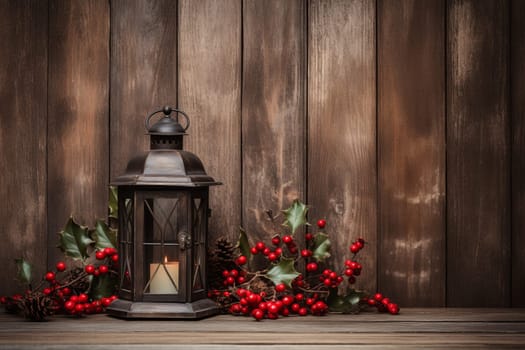 Rustic wooden background with holly berries. Generative AI