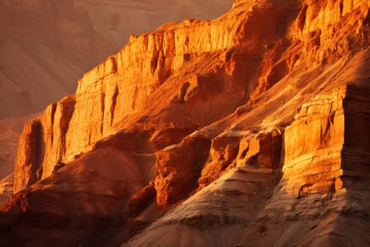 Rugged canyon walls glowing under the warm light. Generative AI