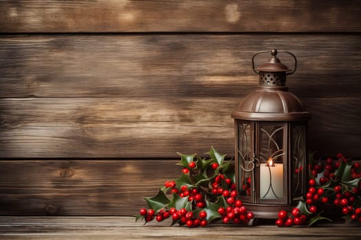 Rustic wooden background with holly berries. Generative AI