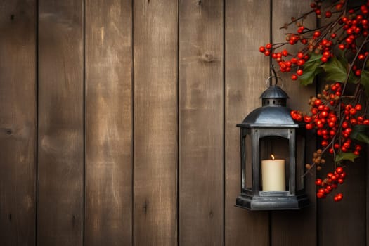 Rustic wooden background with holly berries. Generative AI