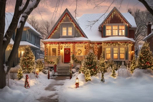Homes Adorned with Festive Lights in Winter. Generative AI