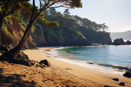Secluded beach stretching along the coastline. Generative AI