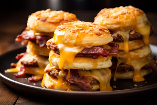 Stack of bacon and cheese sliders. Generative AI