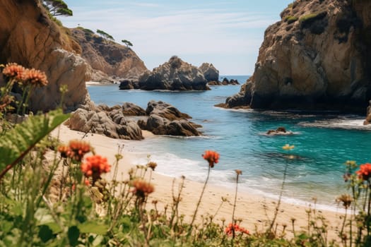 Secluded beach framed by rocky cliffs. Generative AI