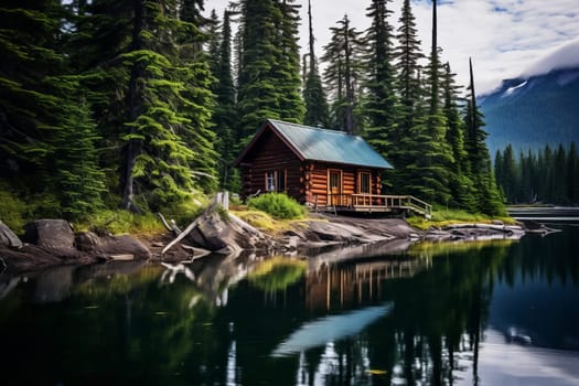 Remote cabin nestled in the heart of nature. Generative AI