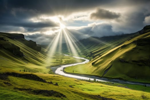 Sunbeams in Illuminated Valley. Generative AI
