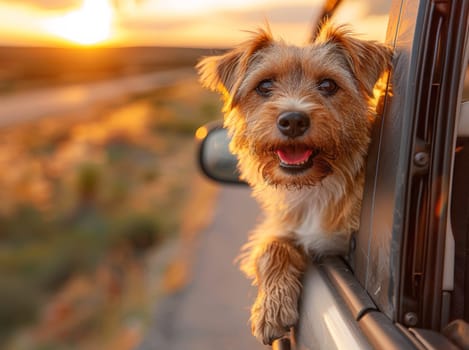 Witness the sheer happiness of a canine companion as it hangs out the car window, reveling in the freedom of a desert road trip set against the breathtaking backdrop of a vibrant sunset. This charming photo captures the pure delight of travel and companionship.
