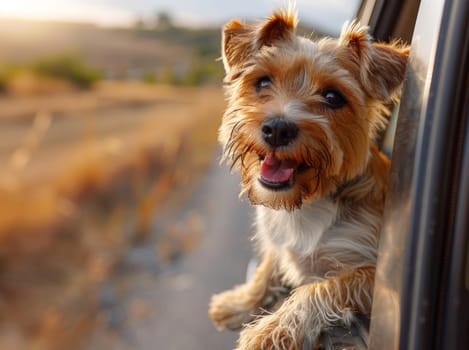 Witness the sheer happiness of a canine companion as it hangs out the car window, reveling in the freedom of a desert road trip set against the breathtaking backdrop of a vibrant sunset. This charming photo captures the pure delight of travel and companionship.