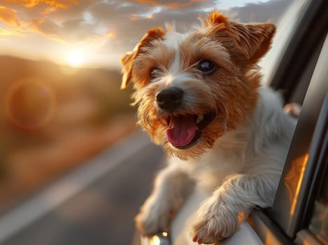 Witness the sheer happiness of a canine companion as it hangs out the car window, reveling in the freedom of a desert road trip set against the breathtaking backdrop of a vibrant sunset. This charming photo captures the pure delight of travel and companionship.