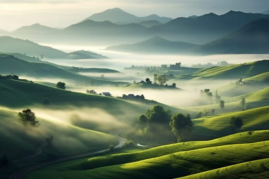 Rolling countryside blanketed in mist. Generative AI