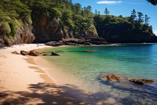Secluded cove with crystal clear waters and sandy shore. Generative AI