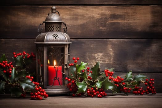 Rustic wooden background with holly berries. Generative AI