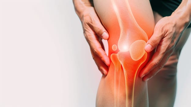In this medical concept photo, a glowing spine illuminates the area of the knee, symbolizing discomfort and pain. Against a pristine white background, the red light draws attention to the affected region, highlighting the importance of understanding and addressing knee-related issues.