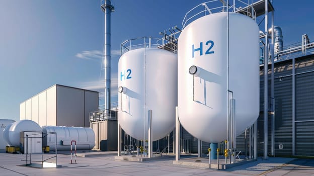 Explore the cutting-edge world of hydrogen production with this striking photo of modern 'H2' facilities. The 3D processing creates a sense of depth, while soft shadows add dimensionality. The clean and minimalistic design, captured with digital photography, showcases the sleek and efficient nature of hydrogen technology.
