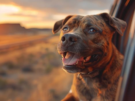 Witness the sheer happiness of a canine companion as it hangs out the car window, reveling in the freedom of a desert road trip set against the breathtaking backdrop of a vibrant sunset. This charming photo captures the pure delight of travel and companionship.