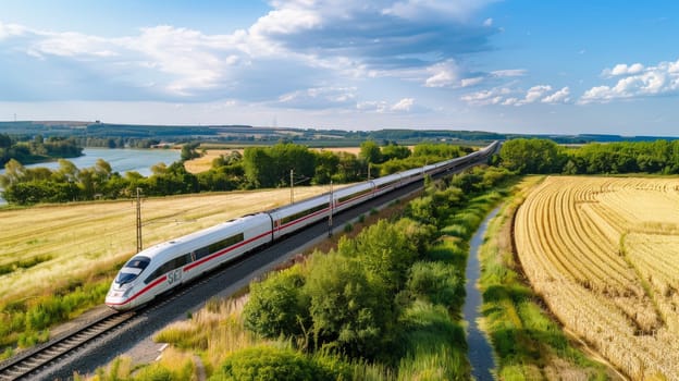 Capture the thrill of a high-speed train journey as it races through picturesque landscapes of golden wheat fields, lush forests, and tranquil rivers. The train's sleek form contrasts with the natural beauty of the surroundings, offering passengers a unique blend of modernity and nature's splendor.