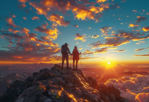 Amidst the breathtaking expanse of a mountain landscape, two hikers unite in their ascent to the summit, their silhouettes illuminated by the warm glow of the setting sun. A scene of camaraderie and triumph against the backdrop of dramatic natural beauty.