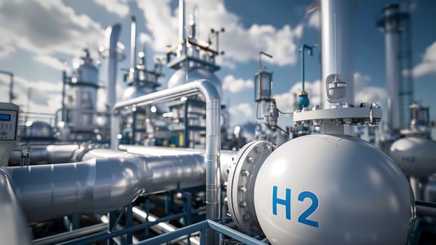Explore the cutting-edge world of hydrogen production with this striking photo of modern 'H2' facilities. The 3D processing creates a sense of depth, while soft shadows add dimensionality. The clean and minimalistic design, captured with digital photography, showcases the sleek and efficient nature of hydrogen technology.