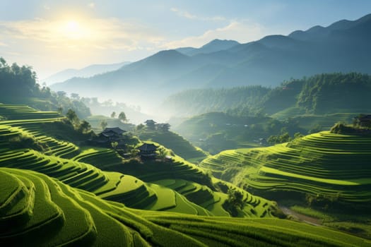 Serene countryside view with terraced paddy fields. Generative AI