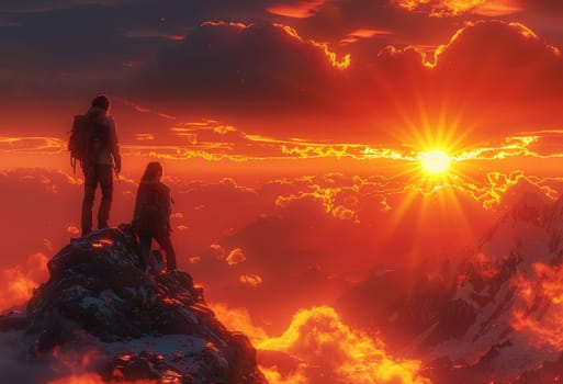 Amidst the breathtaking expanse of a mountain landscape, two hikers unite in their ascent to the summit, their silhouettes illuminated by the warm glow of the setting sun. A scene of camaraderie and triumph against the backdrop of dramatic natural beauty.