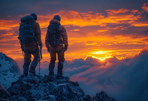 Amidst the breathtaking expanse of a mountain landscape, two hikers unite in their ascent to the summit, their silhouettes illuminated by the warm glow of the setting sun. A scene of camaraderie and triumph against the backdrop of dramatic natural beauty.