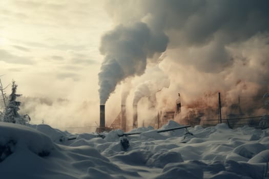 Snow covered landscapes with smoke rising. Generative AI