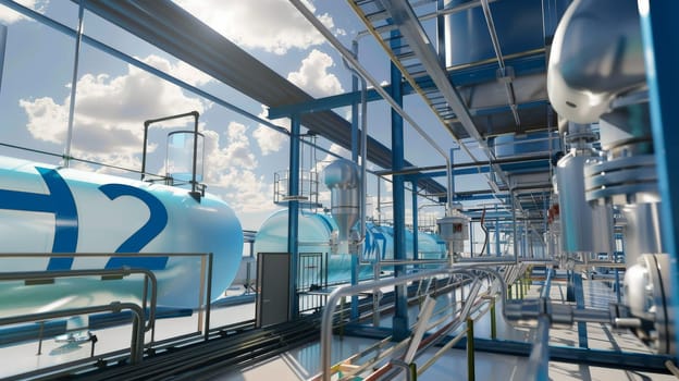 Explore the cutting-edge world of hydrogen production with this striking photo of modern 'H2' facilities. The 3D processing creates a sense of depth, while soft shadows add dimensionality. The clean and minimalistic design, captured with digital photography, showcases the sleek and efficient nature of hydrogen technology.