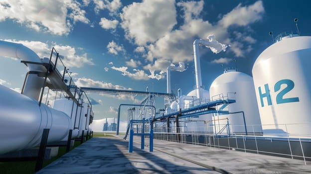 Explore the cutting-edge world of hydrogen production with this striking photo of modern 'H2' facilities. The 3D processing creates a sense of depth, while soft shadows add dimensionality. The clean and minimalistic design, captured with digital photography, showcases the sleek and efficient nature of hydrogen technology.