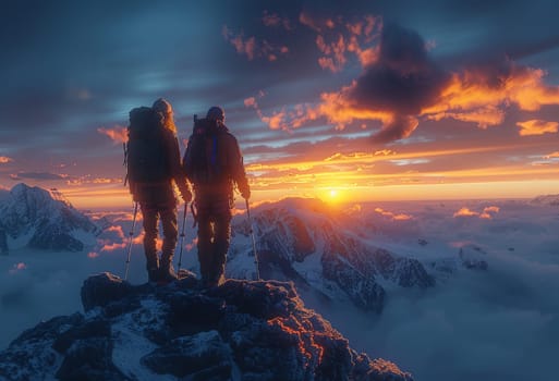 Amidst the breathtaking expanse of a mountain landscape, two hikers unite in their ascent to the summit, their silhouettes illuminated by the warm glow of the setting sun. A scene of camaraderie and triumph against the backdrop of dramatic natural beauty.