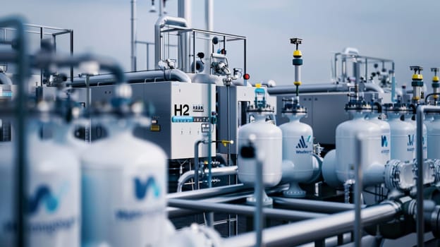 Explore the cutting-edge world of hydrogen production with this striking photo of modern 'H2' facilities. The 3D processing creates a sense of depth, while soft shadows add dimensionality. The clean and minimalistic design, captured with digital photography, showcases the sleek and efficient nature of hydrogen technology.
