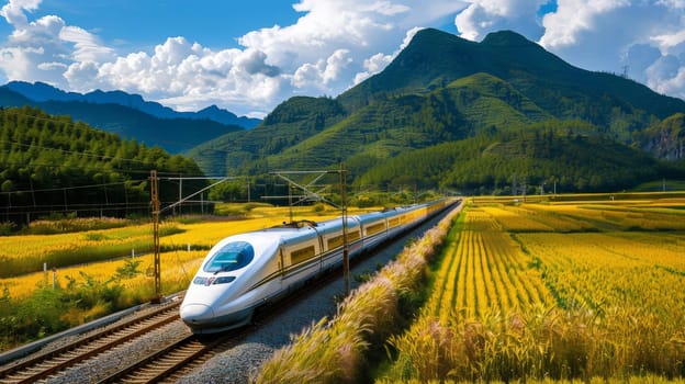 Capture the thrill of a high-speed train journey as it races through picturesque landscapes of golden wheat fields, lush forests, and tranquil rivers. The train's sleek form contrasts with the natural beauty of the surroundings, offering passengers a unique blend of modernity and nature's splendor.