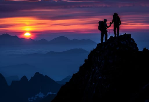 Amidst the breathtaking expanse of a mountain landscape, two hikers unite in their ascent to the summit, their silhouettes illuminated by the warm glow of the setting sun. A scene of camaraderie and triumph against the backdrop of dramatic natural beauty.