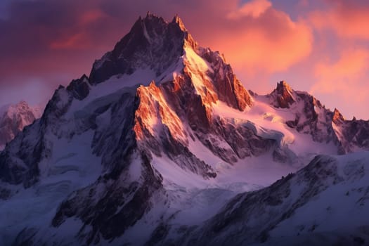 Towering peaks bathed in alpenglow during a serene sunset. Generative AI