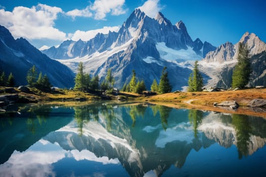 Towering peaks reflected in a glassy alpine lake. Generative AI
