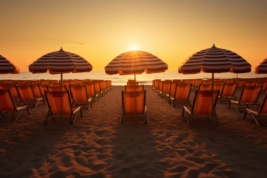 The sun peeking over a row of beach umbrellas. Generative AI