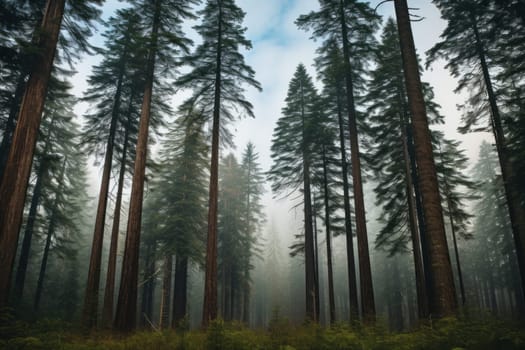 Towering Evergreens in Majestic Forest. Generative AI