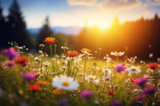 Sunlit meadow dotted with wildflowers. Generative AI