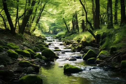 Tranquil Brook Amid Lush Vegetation. Generative AI