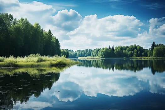 Tranquil lake nestled within a serene natural landscape. Generative AI