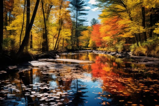 Reflective Pond with Vibrant Fall Colors. Generative AI