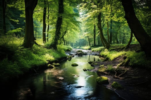 Tranquil Stream in Lush Forest. Generative AI