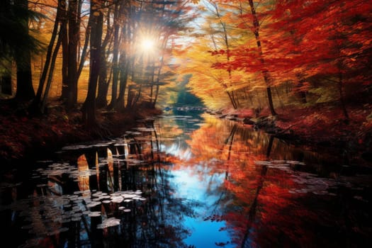 River running through a forest filled with lots of trees. Generative AI