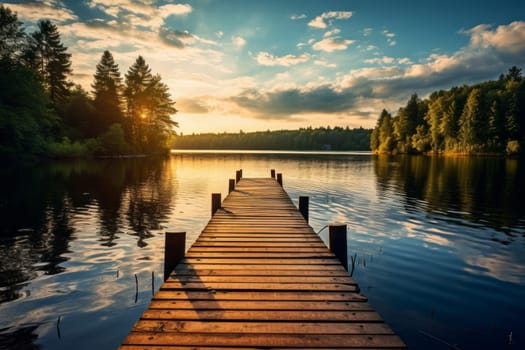 Tranquil Lake Scene with Wooden Pier. Generative AI