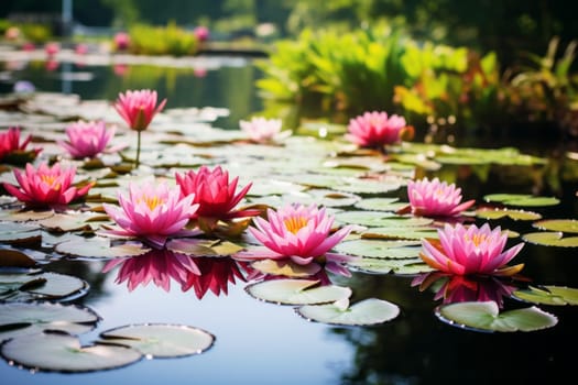 Tranquil Pond with Blooming Water Lilies. Generative AI