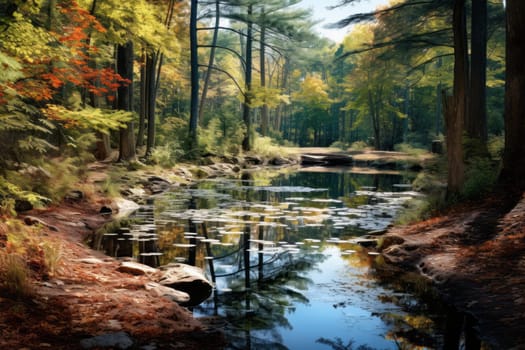 Painting of a stream in the woods. Generative AI