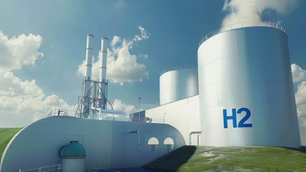 Explore the cutting-edge world of hydrogen production with this striking photo of modern 'H2' facilities. The 3D processing creates a sense of depth, while soft shadows add dimensionality. The clean and minimalistic design, captured with digital photography, showcases the sleek and efficient nature of hydrogen technology.