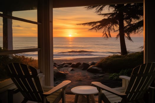 Sunrise over the ocean, seen from a cozy beachfront. Generative AI