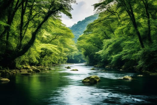 Tranquil River in Forested Landscape. Generative AI