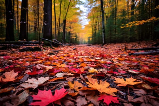 Forest filled with lots of leaf covered ground. Generative AI