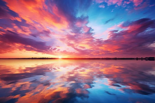 Beautiful sunset reflecting the sky and clouds. Generative AI